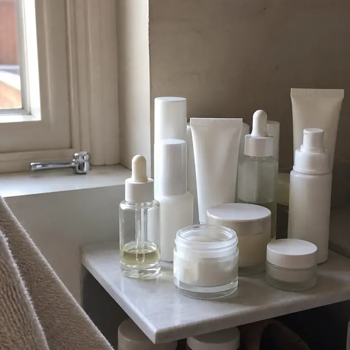 A bathroom shelf of part-used skincare bottles and jars